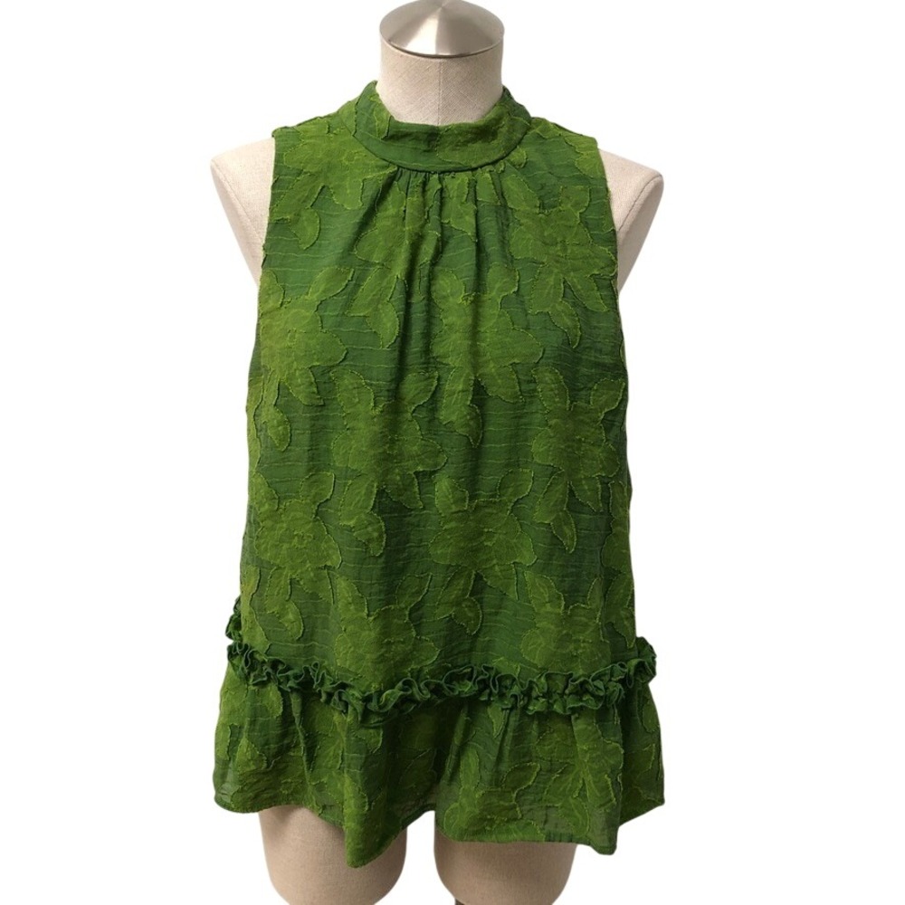 Maeve Anthropologie Peplum Top Womens 10 Green Leaf Jacquard Mock Neck Ruffle